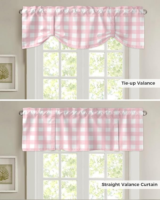 Christmas Blackout Tie Up Valance Curtains for Kitchen Windows Rustic Pink White Buffalo Check Plaid Pattern Window Toppers Balloon Shades for Living Room/Bathroom/Bedroom,1 Panel, 60" X 18",Farmhouse