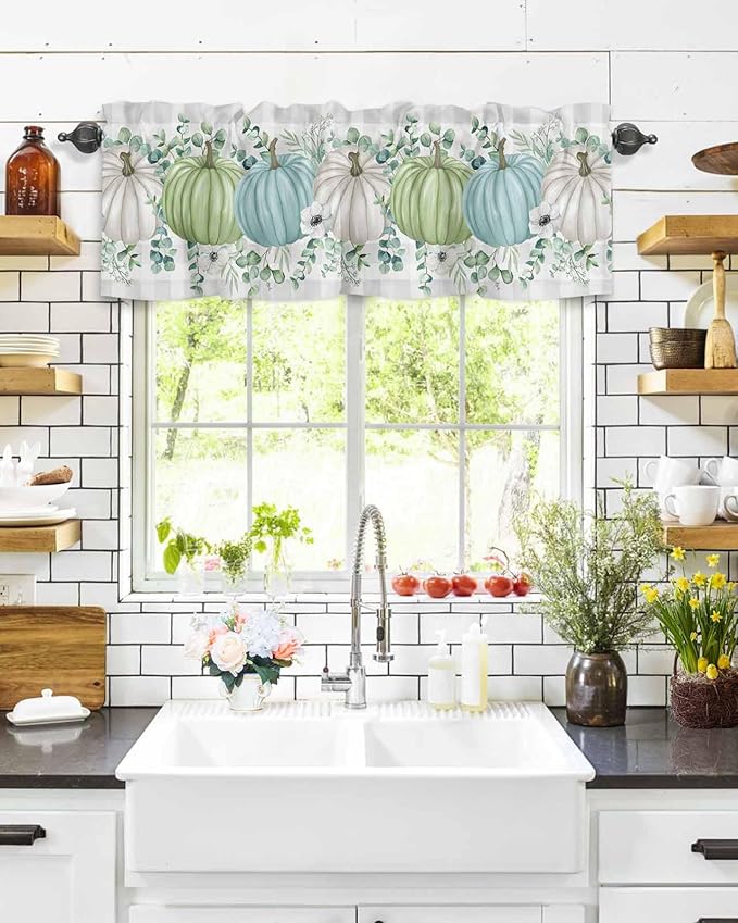 Fall Thanksgiving Kitchen Curtains Valances for Windows Autumn Pumpkins Eucalyptus Leaves Rod Pocket Window Treatment for Kitchen /Living Room/Bedroom/ Bathroom, 42" X 18", White Blue Green Gray Plaid