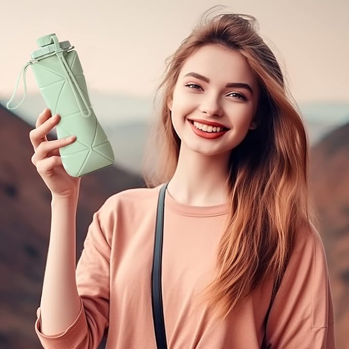 Collapsible Water Bottle, Silicone Foldable Water Bottles For Travel, Easy-To-Carry Design And Compact Size, BPA Free, 20 oz (2PC, Green & Green)