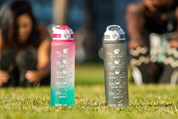 Prometheuz 32oz Water Bottle with Straw, Motivational Water Bottle with Time Marker, Water Bottles Leakproof & BPA-Free for Sports, Work and Fitness Grey