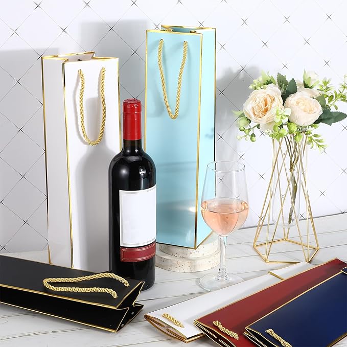 Fumete 50 Pack Wine Bottle Gift Bags Paper Wine Gift Bags Bulk 13.8x3.7x3.5 Wine Bags with Handles Appreciation Gifting Bags for Christmas Wedding Anniversary Birthday Party(Retro Colors)