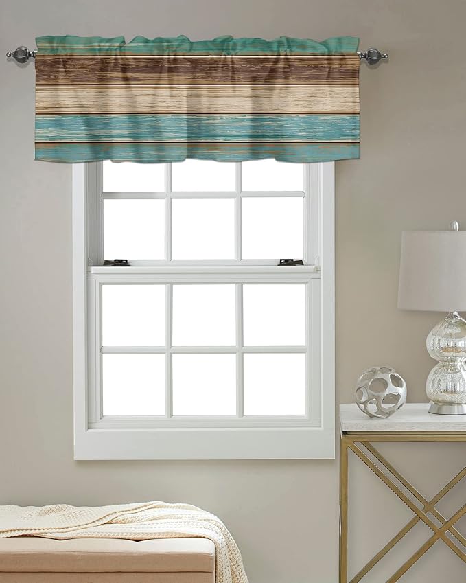 Farmhouse Kitchen Curtains Valances for Windows Teal Turquoise Green Brown Country Rod Pocket Window Treatment for Kitchen /Living Room/Bedroom/ Bathroom,60" X 18" -1 Panel, Retro Rustic Barn Wood