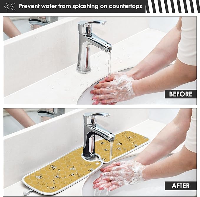Kitchen Faucet Absorbent Mat,Bees Honey Honeycombs Water Splash Guard for Sink, Faucet Drip Catcher Thicken Sponge Microfiber Faucet Water Catcher Mat Sink Absorbent Mat for Kitchen 23x5in 2 Pack