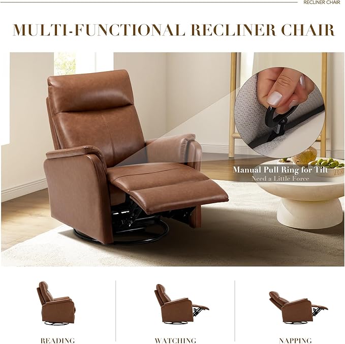 Swivel Rocking Recliner Glider Chair, Leather Reclining Rocker Chair with Footrest for Living Room, Nursery, Office, Bedroom, Ergonomic High Backrest, Wide Seat Cushion and Metal Base-Cocoa