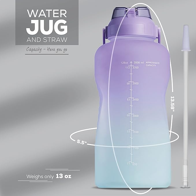 Motivational Water Bottle with Straw & Handle,One Gallon Water Bottle 128 oz/3.8L,Reusable Water Jug, Achieve All-Day Hydration SpillProof, BPA FREE