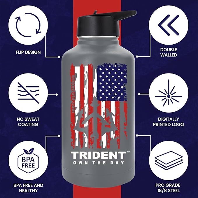 American Flag 64 oz Water Bottle, Reusable Water Bottle with Straw, Leak Proof Water Bottles, 64oz Insulated Water Bottle, Thermos Water Bottle - Retired Navy Combat Vet Small Business (Gray, 64 Oz)