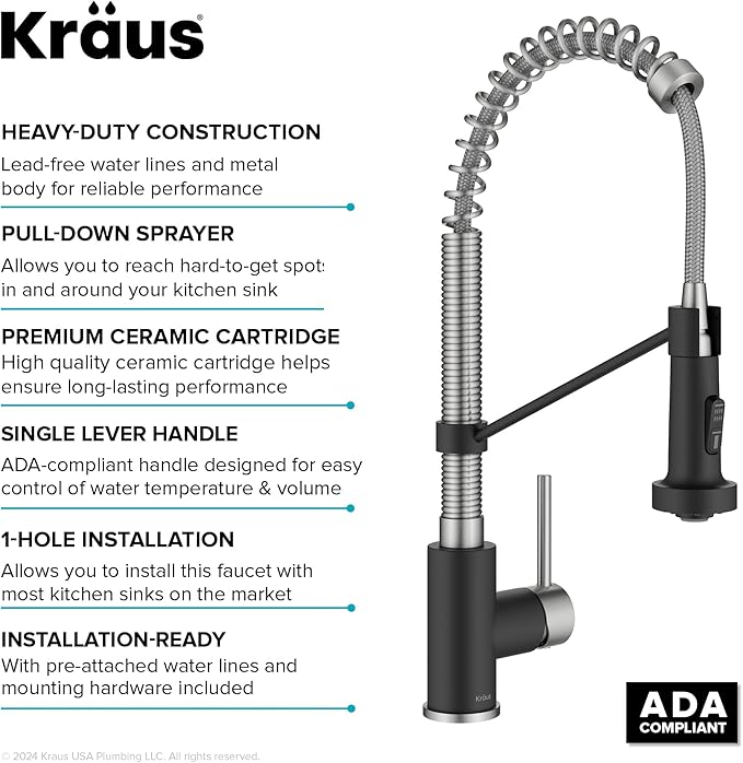 Kraus KPF-1610SFSMB Bolden 18-Inch Commercial Kitchen Faucet with Dual Function Pull-Down Sprayhead in All-Brite Finish, Spot Free Stainless Steel/Matte Black
