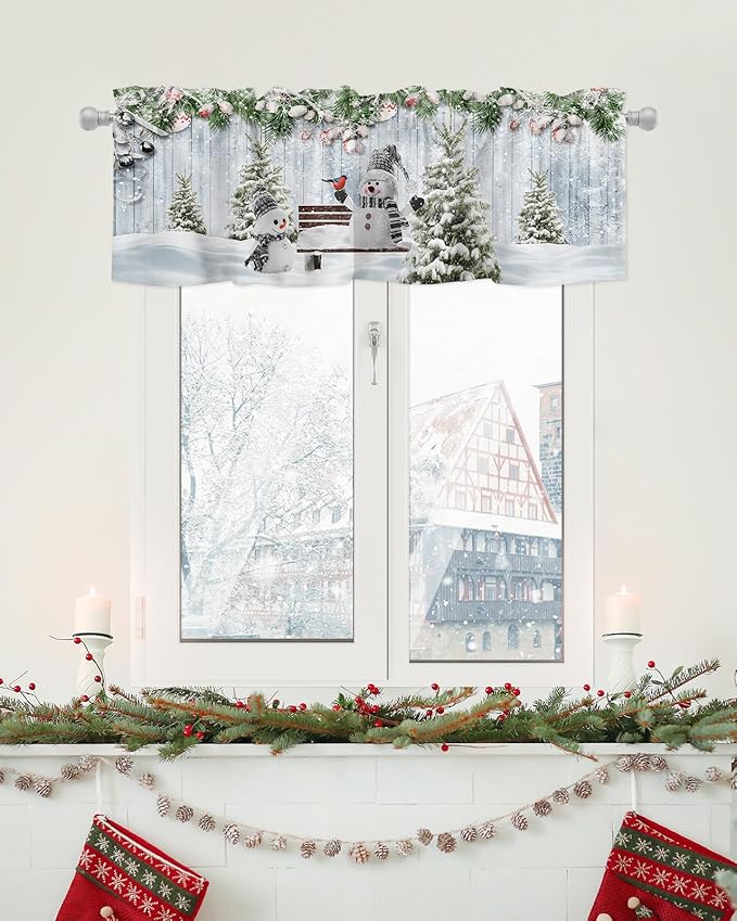 Merry Christmas Valance Curtains for Kitchen Windows Xmas Snowman Snowy Pine Tree Rod Pocket Window Treatment Toppers for Kitchen/Living Room/Bedroom/Bathroom, 42" X 12", Blue Winter