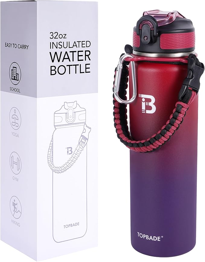 32oz Insulated Water Bottle with Straw Lid & Spout Lid & Paracord Handle, Stainless Steel Water Bottle Wide Mouth, Double Wall for Women Men Gym Fitness Outdoor