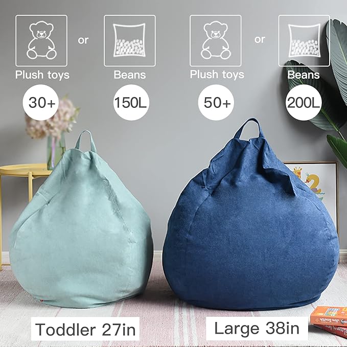 YuppieLife Stuffed Animals Bean Bag Chair Cover Candy-Colored Bean Bag(Just Cover, No Filling)/Large Stuff 'n Sit Organization/Toy Storage Bag/Kids Toys Organizer(27'',Navy Blue