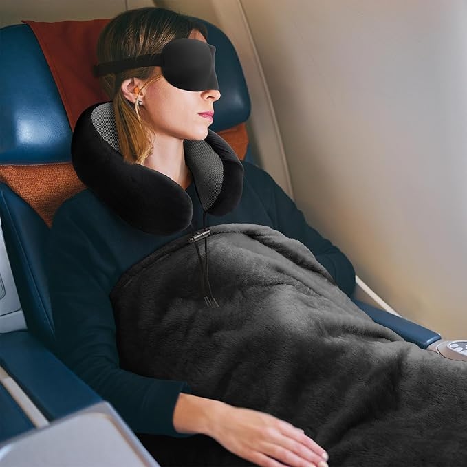 Travel Pillow and Blanket Set Neck Pillows Travel Essentials with Sleep Mask for Airplane Car Memory Foam Black