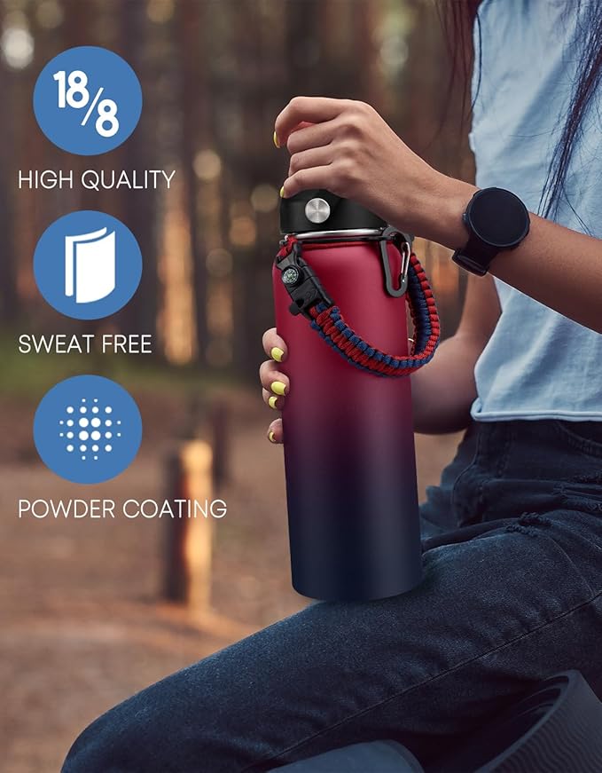Insulated Water Bottle with Straw 40oz - Stainless Steel Water Bottles, Flex Lids, Paracord Handle, Storage Carrier Bag, Protective Boot, Water Flask Metal Vacuum Water Mug Cup, Keep Cold 48H Hot 24H