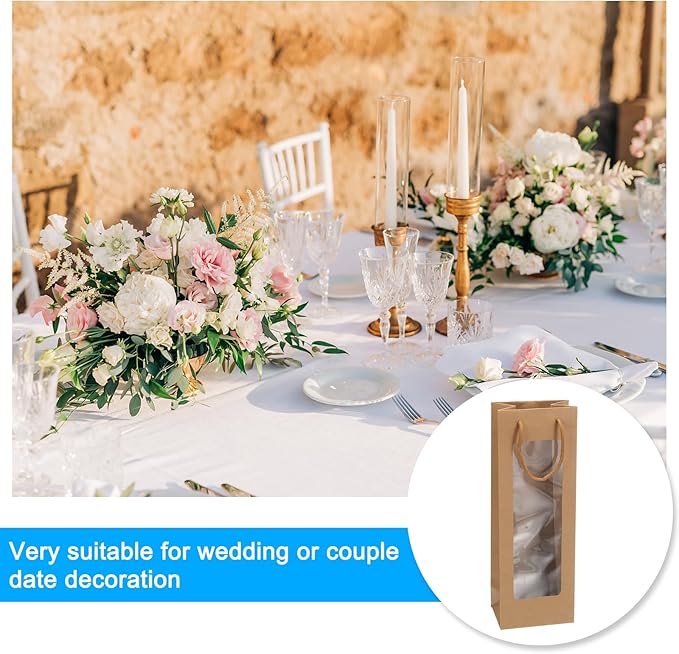 uxcell Wine Bags, 12pcs 4.92"x3.35"x14.2" Wine Gift Bags with Rope Handles, Paper Wine Tote Bag with Clear Window for Wedding Birthday Christmas Party Supplies, Wood