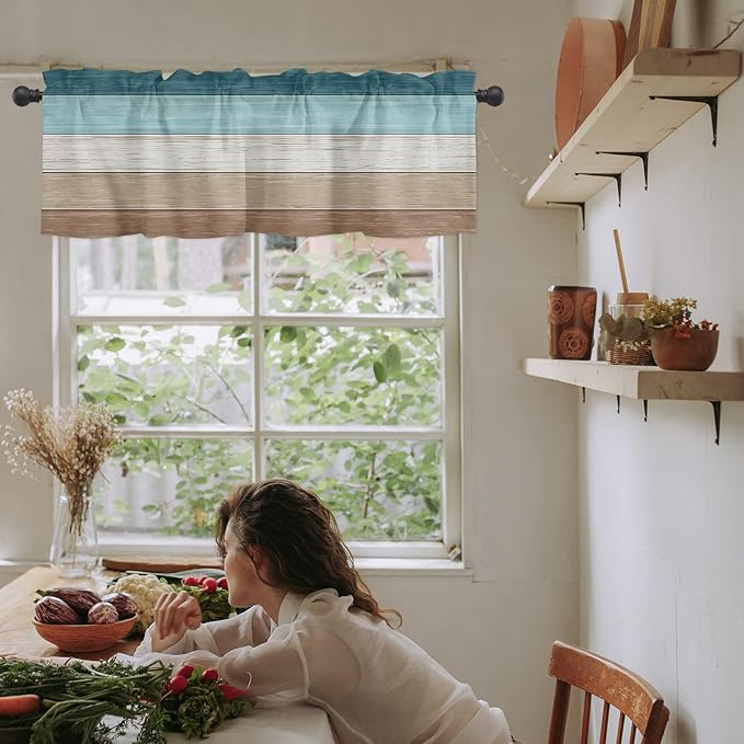 Farmhouse Kitchen Curtains Valances for Windows ,Teal Blue Brown Beach Rod Pocket Country Window Treatment for Kitchen /Living Room/Bedroom/ Bathroom,60" X 18" -1 Panel, Retro Rustic Barn Wood Texture