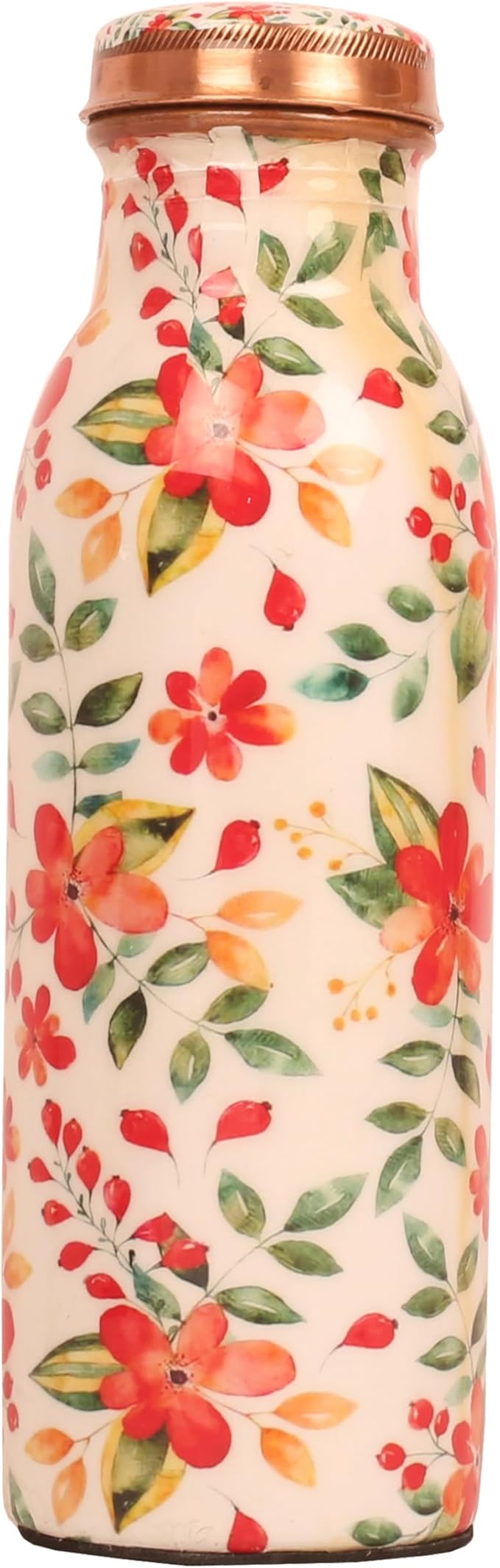 Pure Copper Water Bottle - Handcrafted - Ayurveda health benefits - Large 17.50 oz - Leak proof - Easy to carry for Sports, Fitness, Yoga, School - White Base Floral Vintage Colors Enamel