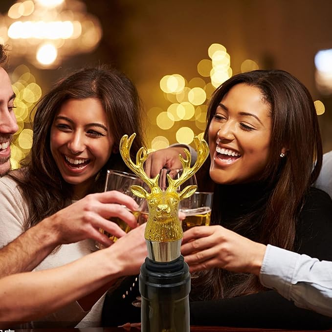 Wine and Beverage Bottle Stopper,Funny Deer Decoratice wine stopper with Shiny Gold Finish, Reusable Food-Grade Zinc Alloy, Silicone wine stopper with Gift Box