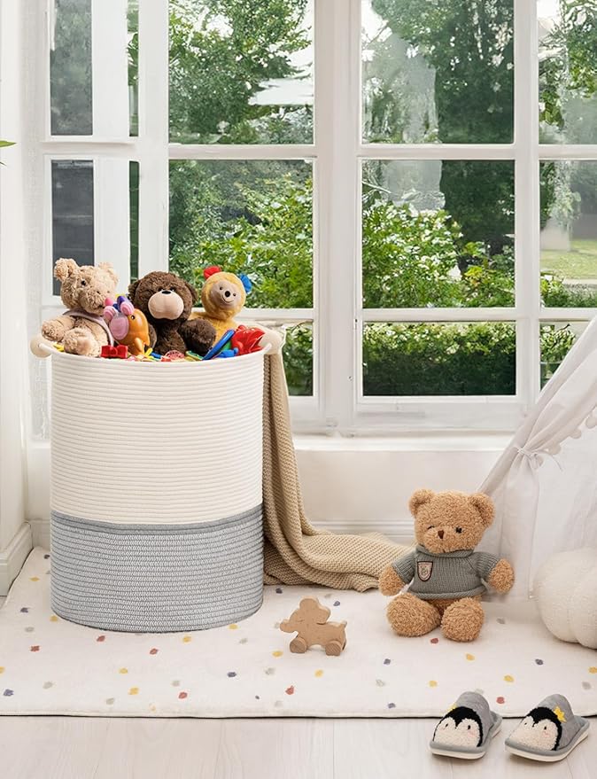 StorageWorks 58L Cotton Rope Laundry Basket with Wooden Beads Handles, Woven Basket for Storage, Dirty Clothes, Kids Toys, Towels, White & Grey