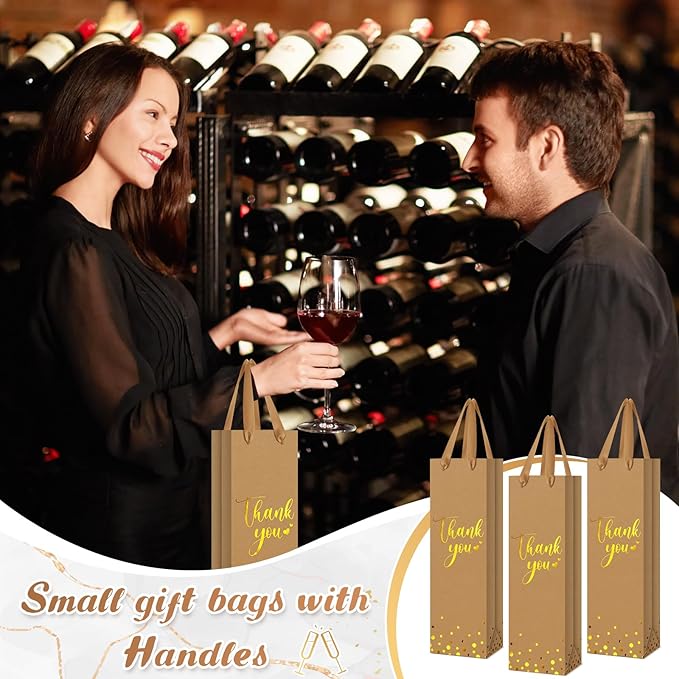 Ctosree 30 Pcs Wine Gift Bag for Wine Bottle Wedding Wine Thank You Gift Bag with Metallic Gold Foil Print Kraft Wine Paper Favor Bag with Attractive Rope Handle for Graduation Bottle(Brown)
