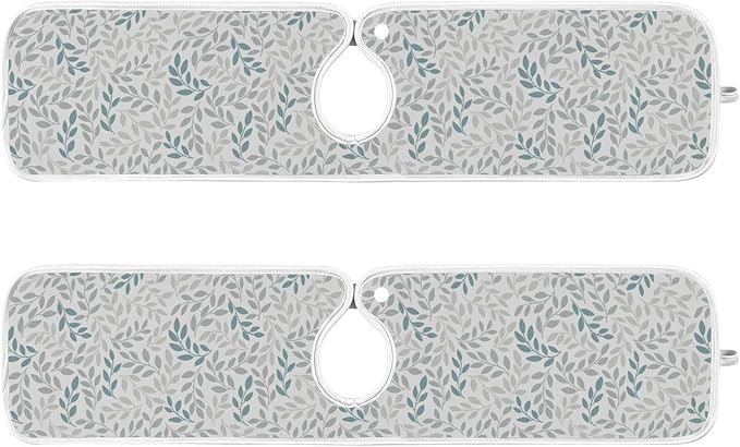 Kitchen Faucet Absorbent Mat,Green Gray Leaf Water Splash Guard for Sink, Faucet Drip Catcher Thicken Sponge Microfiber Faucet Water Catcher Mat Sink Absorbent Mat for Kitchen 30x5in 2 Pack