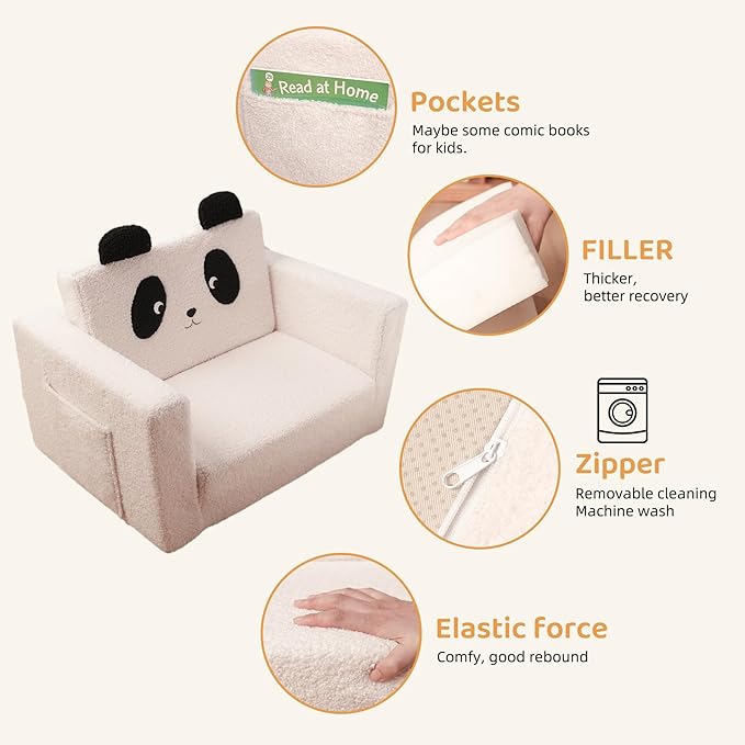 LonSEA Furniture, Panda, Baby Chair for Toddler, Toddler Bed, Convertible Sofa to Lounger - Comfy 2-in-1 Flip Open Couch/Sleeper for Kids, Kids Couch,Toddler Couch,White