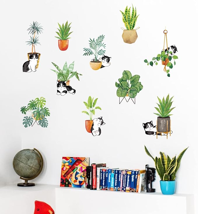 Green Potted Plants Cats Window Clings Wall Decals Peel and Stick Plants Wall Decal Stickers for Bedroom Living Room Wall Stickers Nursery Office Apartment Jungle Party Decor 480, CY480A