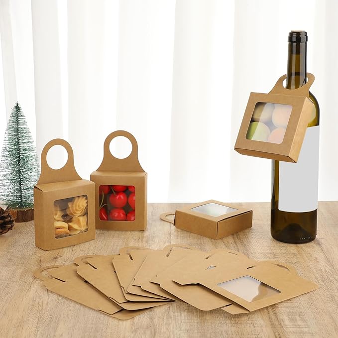 Sibba 10Pcs Kraft Paper Wine Bottle Box with Window Handles Hanging Foldable Gift Wine Boxes Empty Wine Bottles for Decoration Bottle Hanger Favor Box for Kitchen Dining Engagement Christmas