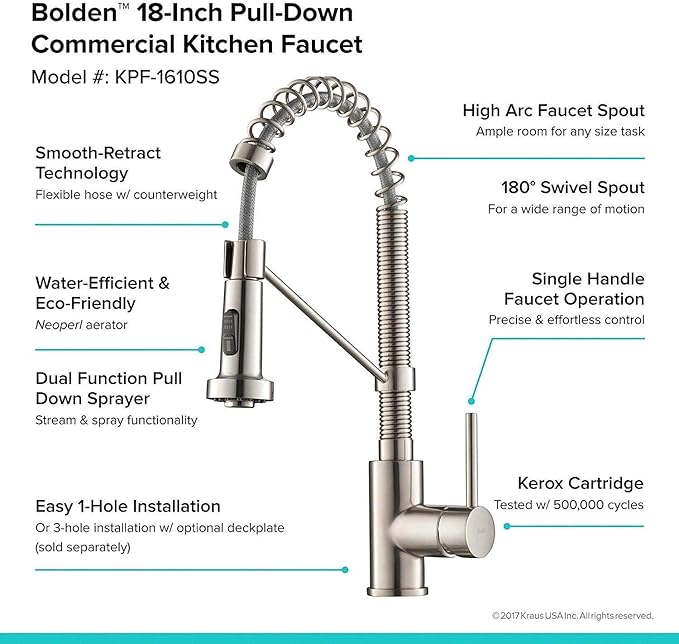 Kraus KPF-1610SS Bolden 18-Inch Commercial Kitchen Faucet with Dual Function Pull-Down Sprayhead in All-Brite Finish, Stainless Steel