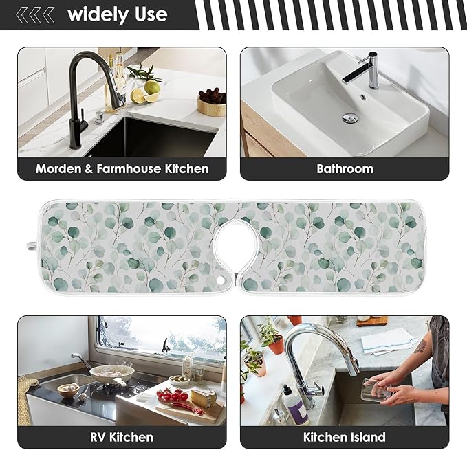 Kitchen Faucet Absorbent Mat,Flower Green Leaves Water Splash Guard for Sink, Faucet Drip Catcher Thicken Sponge Microfiber Faucet Water Catcher Mat Sink Absorbent Mat for Kitchen 30x5in 2 Pack