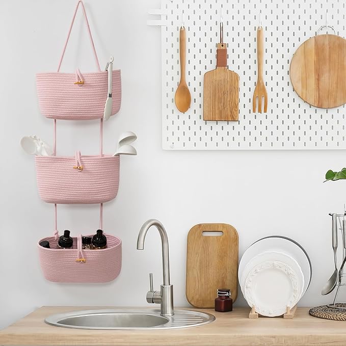 TeoKJ Over the Door Hanging Baskets with Button Strap, 3-Tier Woven Cotton Storage Organizer Bag, Wall-Mounted with Hook Decorative Hanging Nursery Baskets - Pink