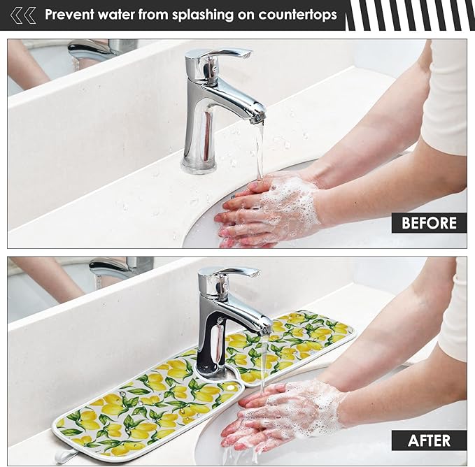 Kitchen Faucet Absorbent Mat,Lemon Water Splash Guard for Sink, Faucet Drip Catcher Thicken Sponge Microfiber Faucet Water Catcher Mat Sink Absorbent Mat for Kitchen 30x5in 2 Pack