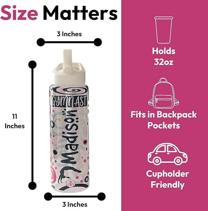 32oz Cheerleader Water Bottle with Straw Lid | BPA-Free Reusable Bottles for Cheerleaders, Cheer Team or Cheerleading Coach | Great Gifts for Girls, Coaches (Custom Gymnast)