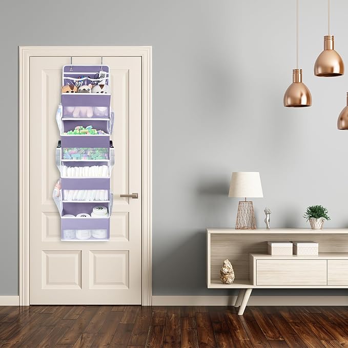 Univivi Over Door Hanging Organizers and Storage Nursery Closet Cabinet Baby Storage with 4 Large Compartments 2 Small PVC Pockets with 6 Side Pockets for Cosmetics, Toys and Sundries (Purple)