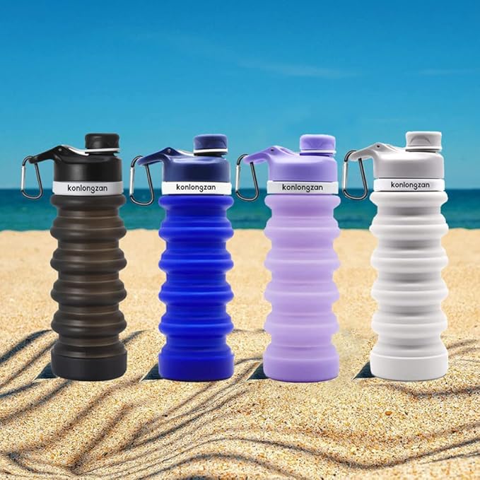 Collapsible Water Bottle Silicone Foldable Water Bottles Travel Water Bottles 550ml with Carabiner, Portable Sport Water Bottles for Camping,Hiking Sport. (Dark Blue)