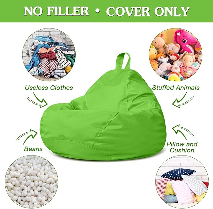 Meonum Bean Bag Chair Cover(No Filler) for Kids Stuffed Storage Bean Bag Chair Cover with Inner Liners for Easy Cleaning Bean Bag for Organizing Children (Green,27.6 x 31.5 Inch)