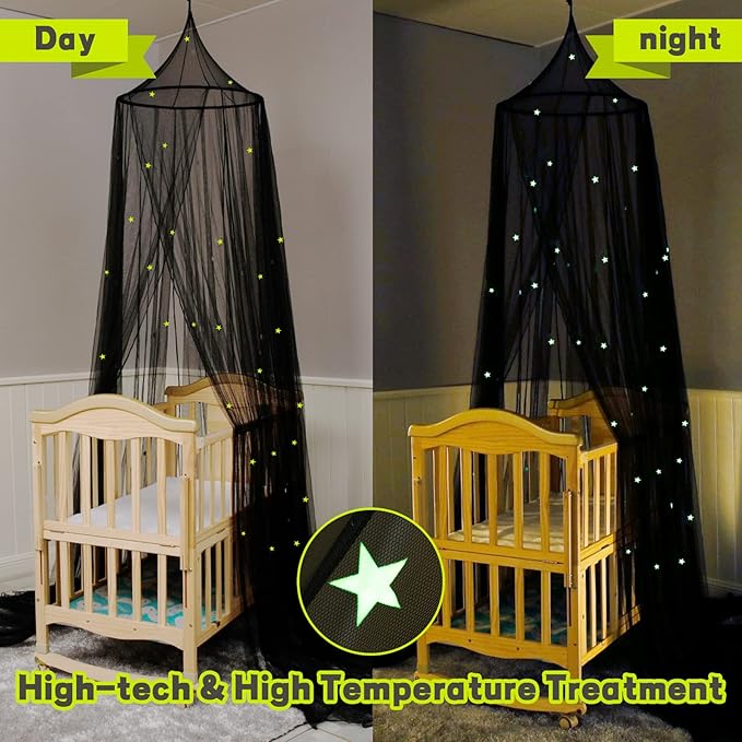 South to East Bed Canopy with Glowing Stars in The Dark, Black Bed Curtains for Kids Bed & Toddler Bed, Twin, Full & Queen Bed, Mosquito Net Canopy for Adult Bedoom, Easy to Install