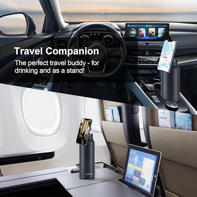 Insulated Water Bottle with Magnetic Phone Holder Compatible with MagSafe and iPhone, Stainless Steel Water Bottle Phone Mount For Sports Travel School, Hot 12H Cold 24H, 24oz (Silver)