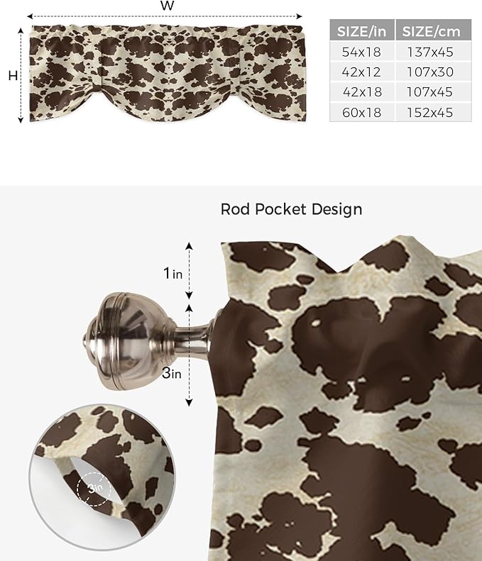 Brown Cowhide Cow Print Blackout Tie Up Valance Curtains for Kitchen Windows Graffie Window Toppers Balloon Shades for Living Room/Bathroom/Bedroom,1 Panel,42" X 12"
