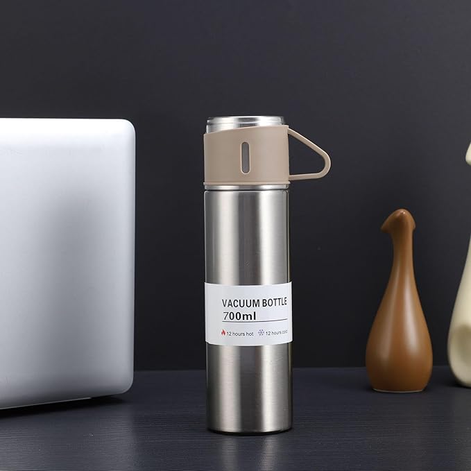 Vacuum Insulated Bottle with Cup 700ml/24oz Insulated Stainless Steel 304 Water Bottle with Sports and Travel Stainless steel Cffee Bottles (Steel set 24Oz)