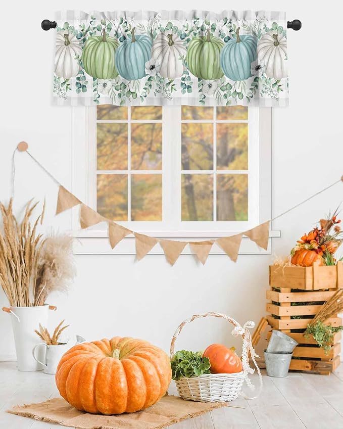 Fall Thanksgiving Kitchen Curtains Valances for Windows Autumn Pumpkins Eucalyptus Leaves Rod Pocket Window Treatment for Kitchen /Living Room/Bedroom/ Bathroom, 42" X 18", White Blue Green Gray Plaid