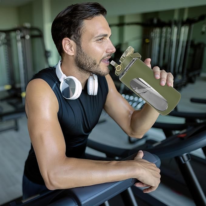 Moretoes 64oz Glass Water Bottle with Straw, Motivational Glass Bottle with Time Marker and Silicone Sleeve, Reusable Large Sports Water Jug for Outdoor Family Exercise (Olive Green)