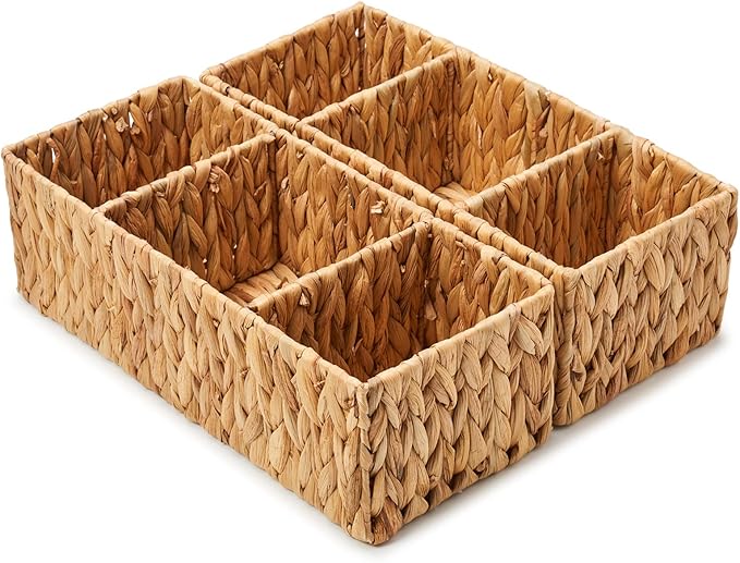 EZOWare 3 Section Natural Water Hyacinth Storage Baskets, Woven Wicker Divided Organizer Bin for Organizing Bathroom, Toilet Tank Top, Vanity Countertop, Kitchen Pantry - Set of 2