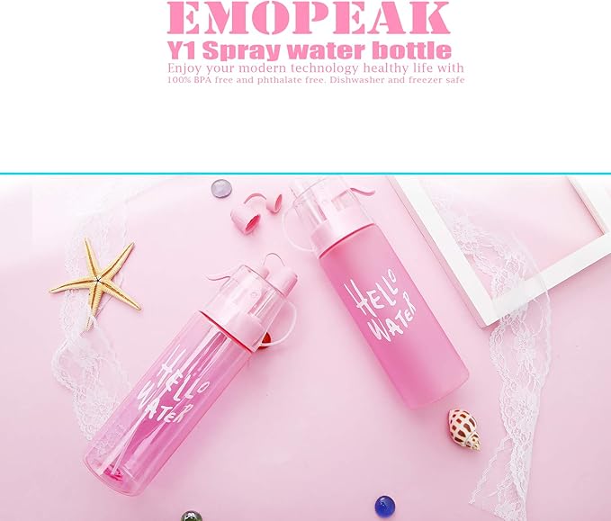 Emopeak 580ML Misting Water Bottle, 20OZ Sports Water Bottle with Spray Mist for Outdoor Hydration, BPA-Free Mist Water Bottle (Pink Transparent, 580ml/20oz)