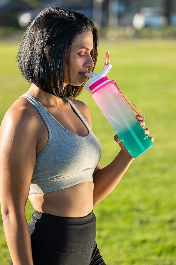 Prometheuz 32oz Water Bottle with Straw, Motivational Water Bottle with Time Marker, Water Bottles Leakproof & BPA-Free for Sports, Work and Fitness Pink Mint