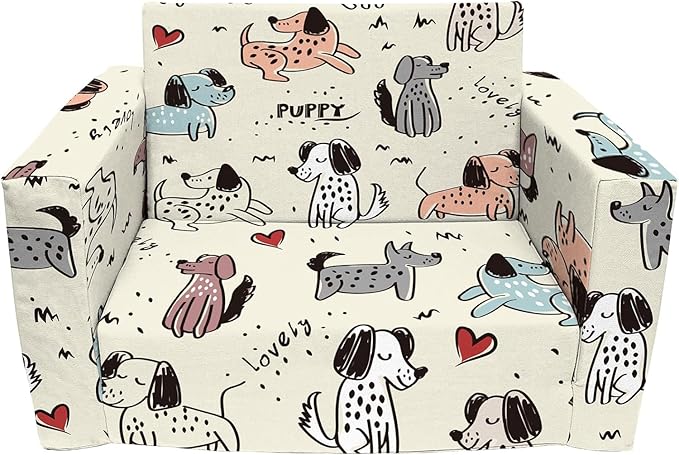 Kids Couch, 2-in-1 Convertible Sofa to Lounger, Comfy Flip-Out Couch Chair/Sleeper Bed for Toddler Boys and Girls (Beige-Dog)