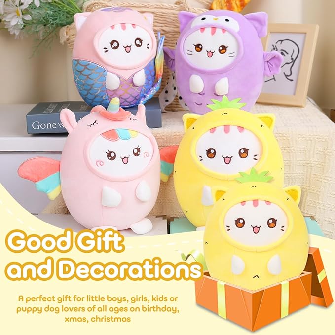 Cute Plush Pineapple Cat Stuffed Animal Pillow, 8" Soft Kawaii Kitten Plushie with Pineapple Outfit Gift for Kids