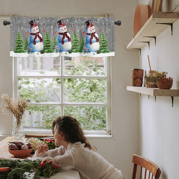 Christmas Snowman Kitchen Curtains Valances for Windows Winter Holidays Cardinal White Snowflake Rod Pocket Window Treatment for Kitchen /Living Room/Bedroom/ Bathroom,42" X 12" -1 Panel, Gray