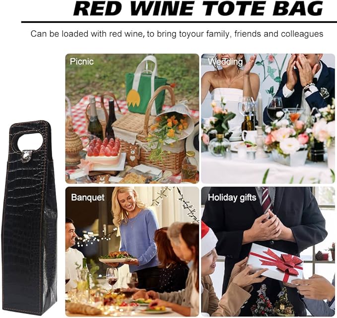 Single Bottle Wine Tote, Reusable Leather Wine Bag Tote, Single Bottle Wine Tote Bag, Crocodile Grain Wine Gift Bag for Picnic, Travel, Party, Birthday, Wedding, Restaurant (Black)