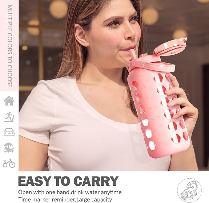 MUKOKO Half Gallon/64 oz Glass Water Bottles with Straw and Lid,Motivational Water Jug with Time Marker Reminder and Silicone Sleeve,100% Leakproof BPA Free Fitness Sports Large Bottle-Pink