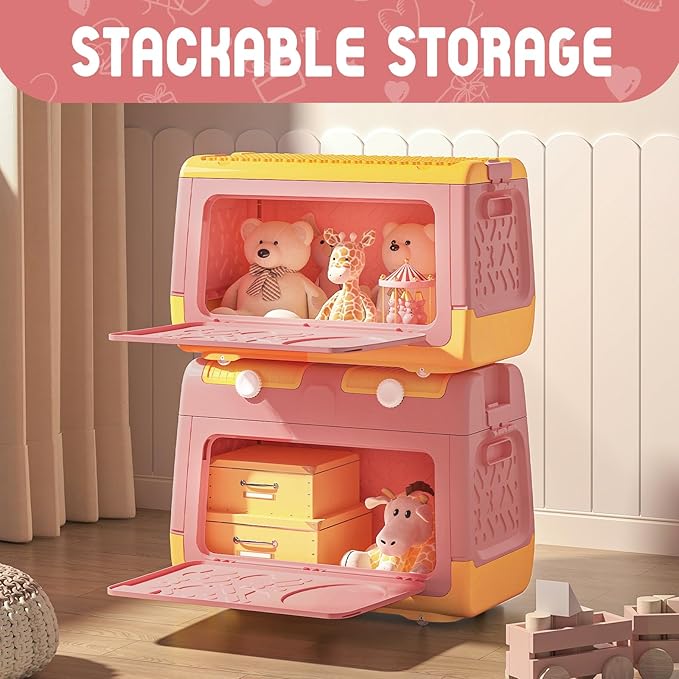 Toy Box Chest with Lid, Unicorn Collapsible Storage Organizer for Kids Boys Girls, Plastic Stackable Toddler Toy Bins with Building Block Lid (Pink)