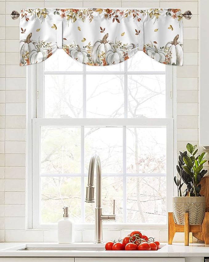 Fall Floral Leaves Blackout Tie Up Valance Curtains for Kitchen Windows Thanksgiving Pumpkins Window Toppers Balloon Shades for Living Room/Bathroom/Bedroom,1 Panel,42" X 18" Boho